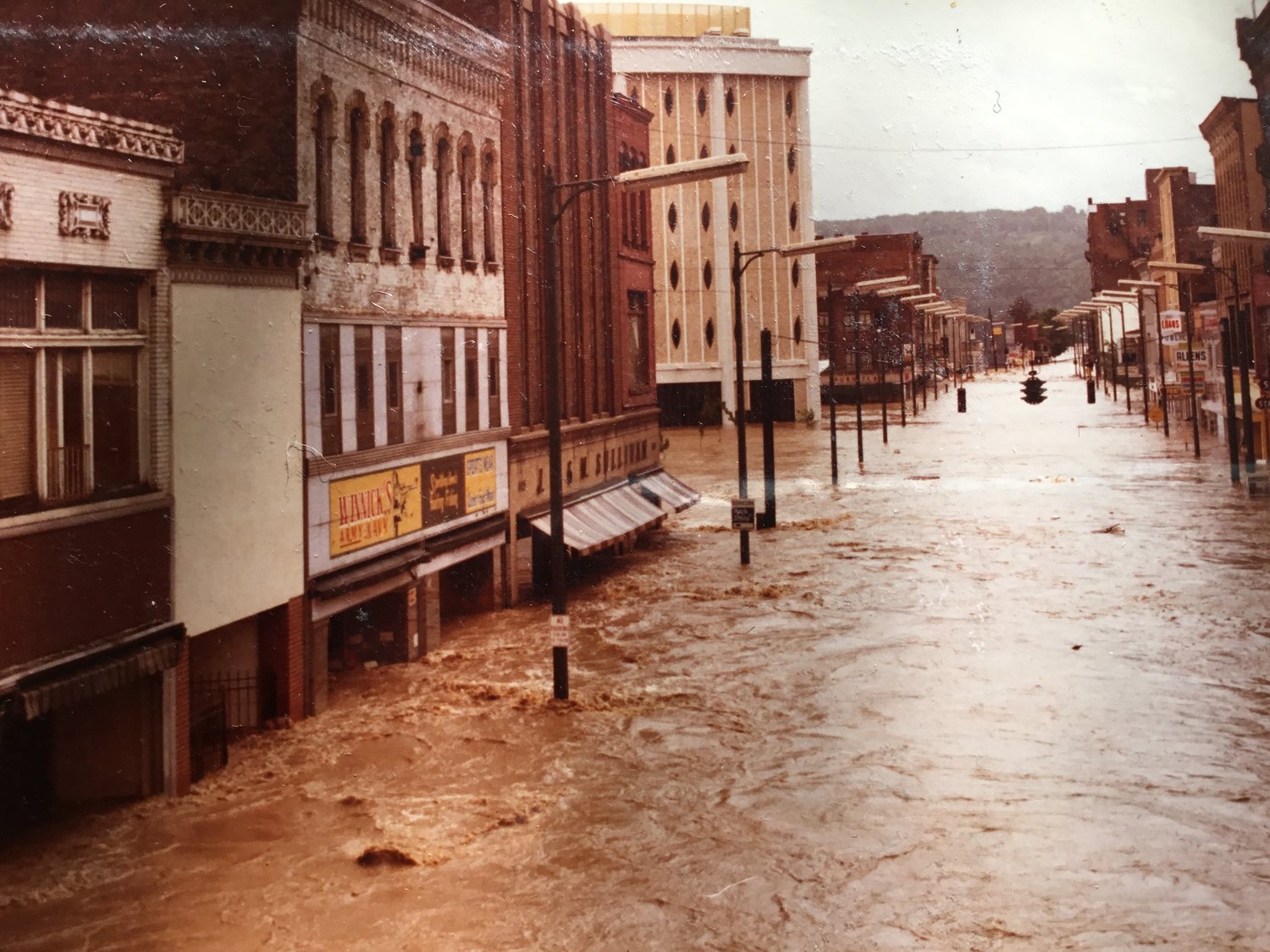 Downtown Elmira during the flood of 1972. The heavy rainfall was caused by Hurricane Agnes.